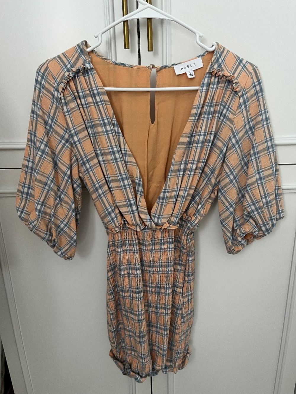 Mable southern peach plaid puff sleeve mini dress